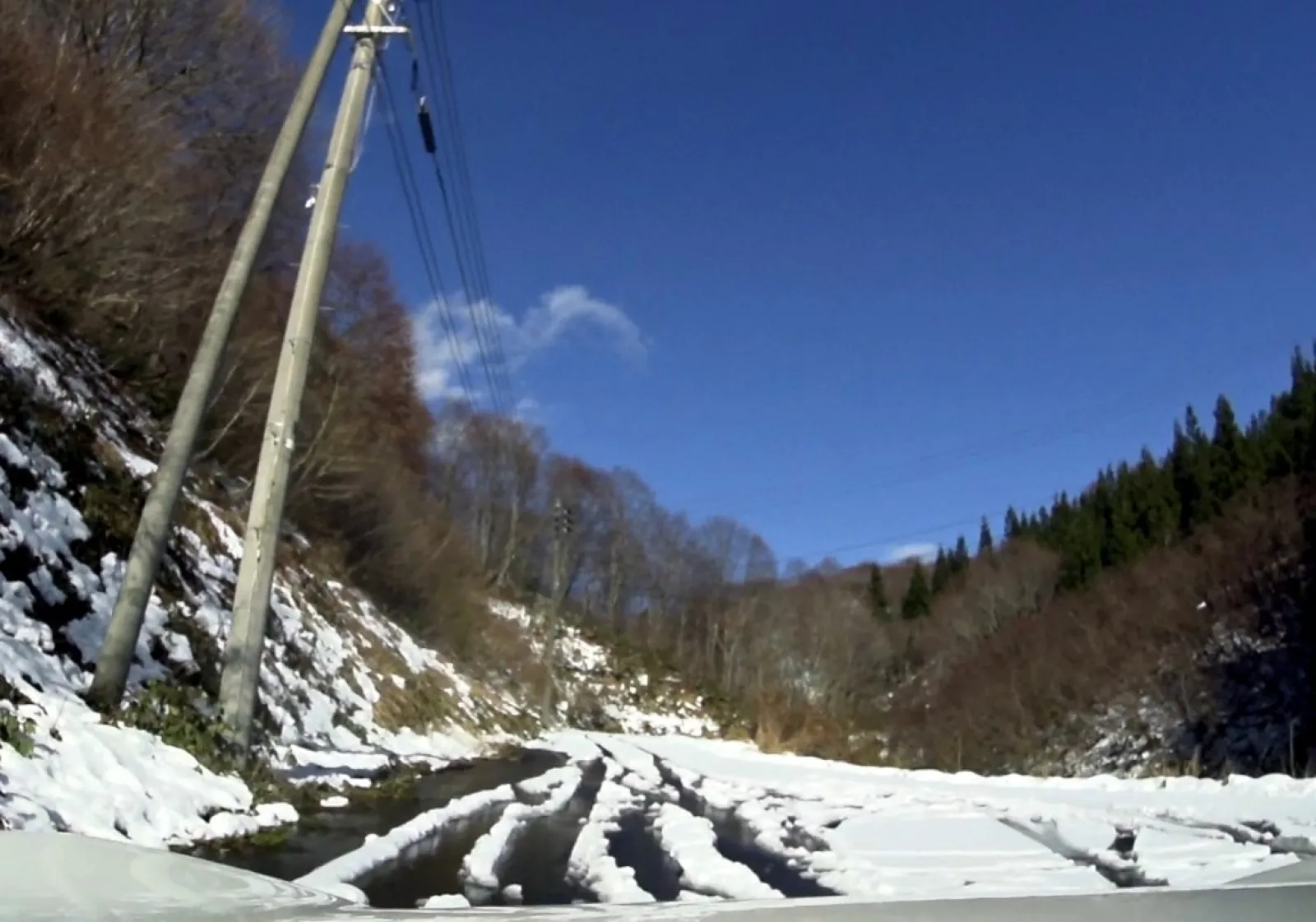 ついに10cm近い積雪になり、車がUターンしている跡が見えてきました。
こうなったらさすがにノーマルタイヤでは難しいです。