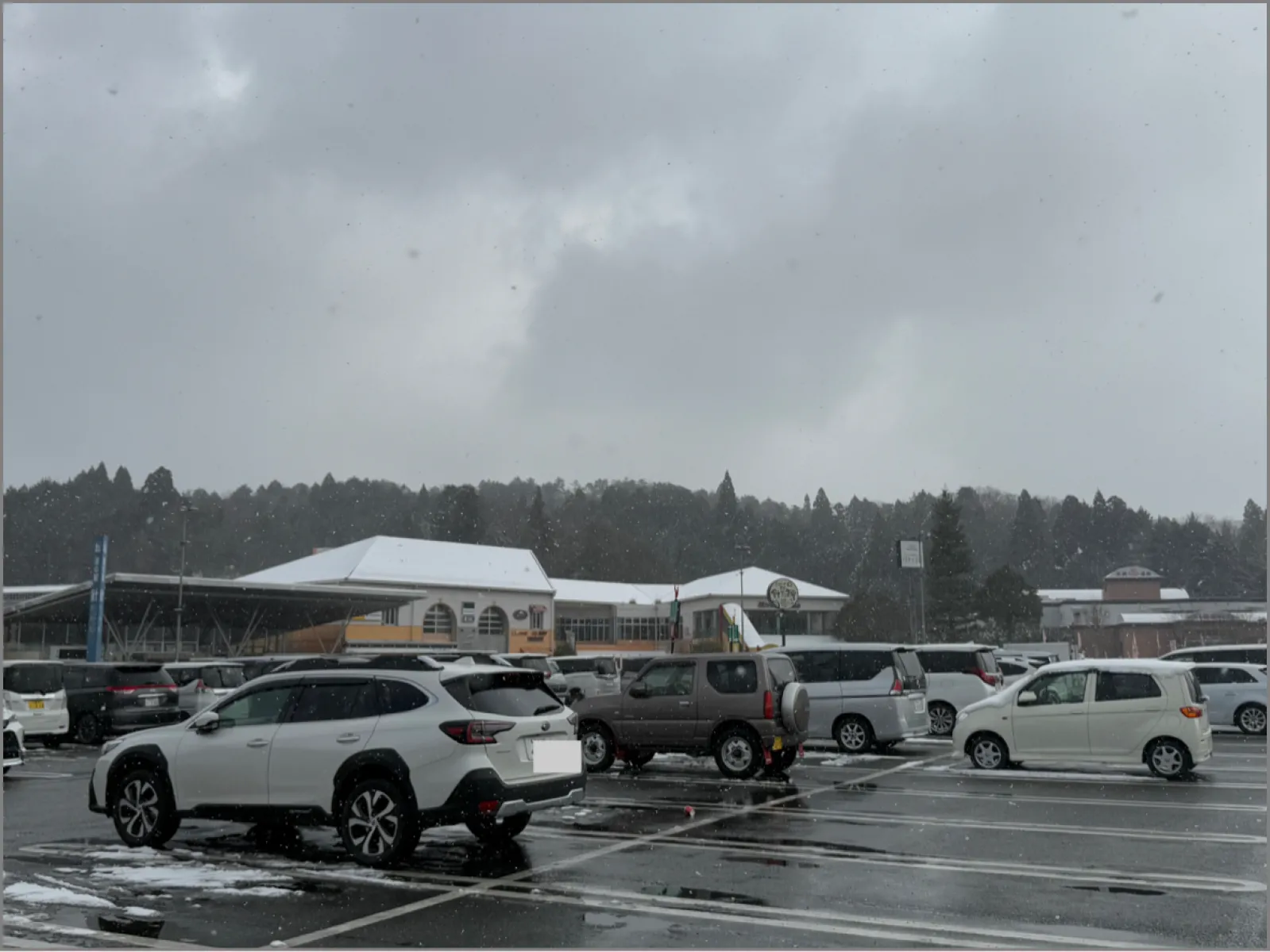 屋根は真っ白
名阪国道も、山間を通るので雪が降ってました。