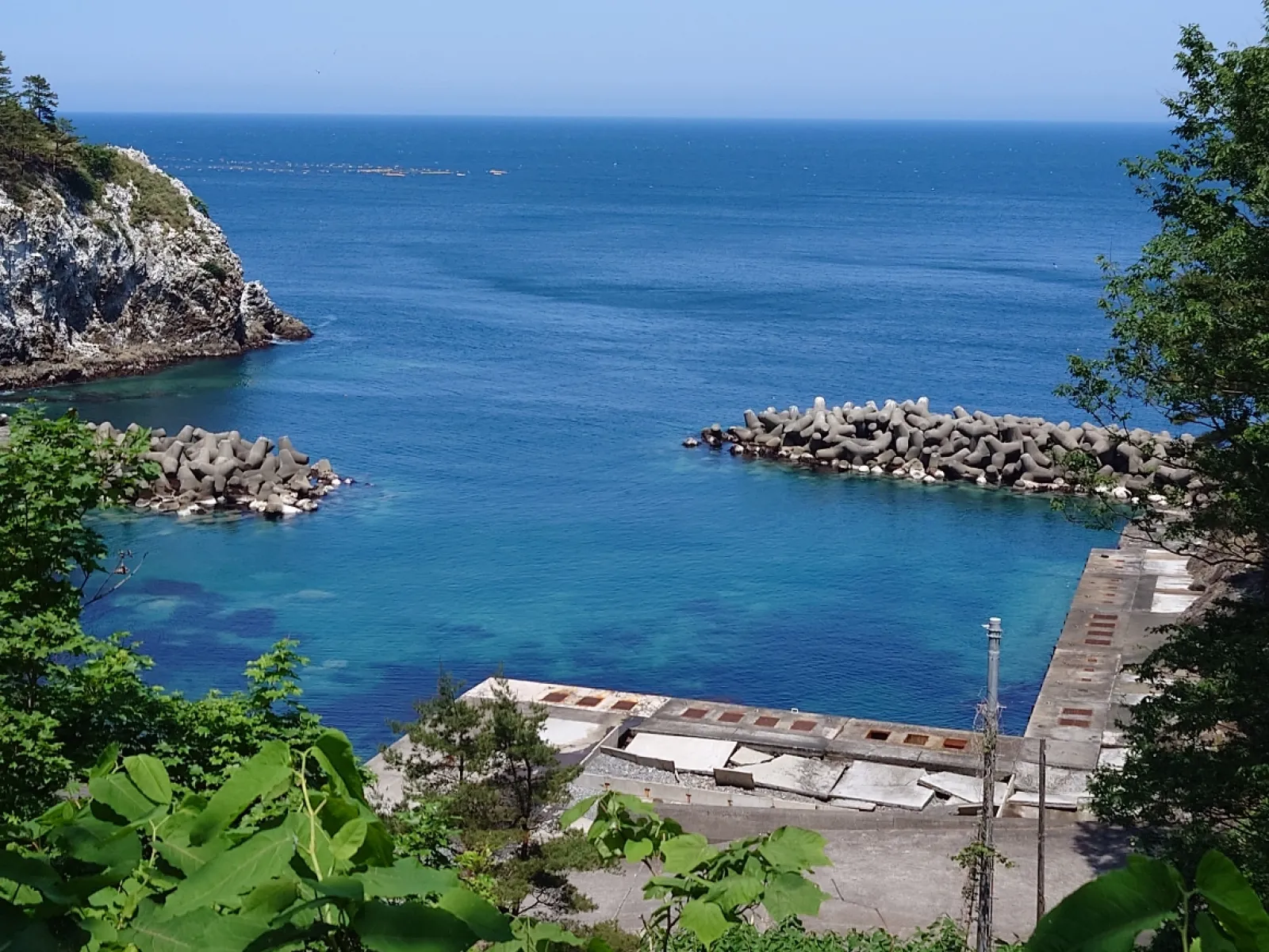 黒崎展望台への道の向かいに「ねだり浜」と書いてある看板があったので行ってみた。
細い曲がりくねった道の先に小さな駐車場があり、そこから更に舗装された細い道路が続いていた。