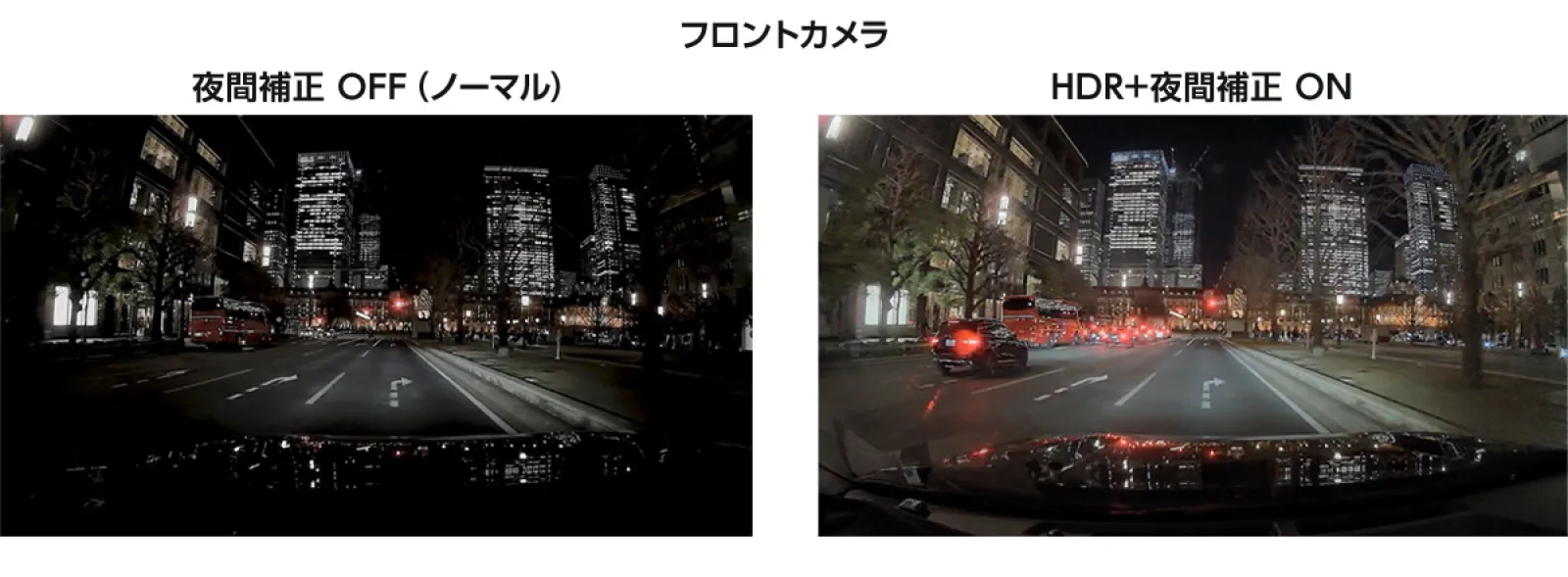 前後録画のドライブレコーダー搭載
前後２カメラ搭載のドライブレコーダーは前方、後方ともにフルハイビジョンで撮影！ 細部までくっきりとした映像で記録します。

夜間補正Ver.2搭載
光量の少ない夜間・トンネルなどの場所でも、鮮明でクリアな映像を記録できます。 OMNIVISION™社のPureCel® Plus-S技術を使用したCMOSセンサーを搭載しています。