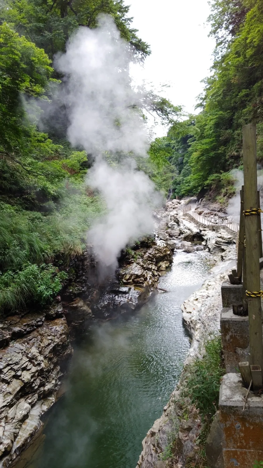 川辺まで下りてくると、いたるところから温泉の湯気が出てきていて、なかなかの景色です