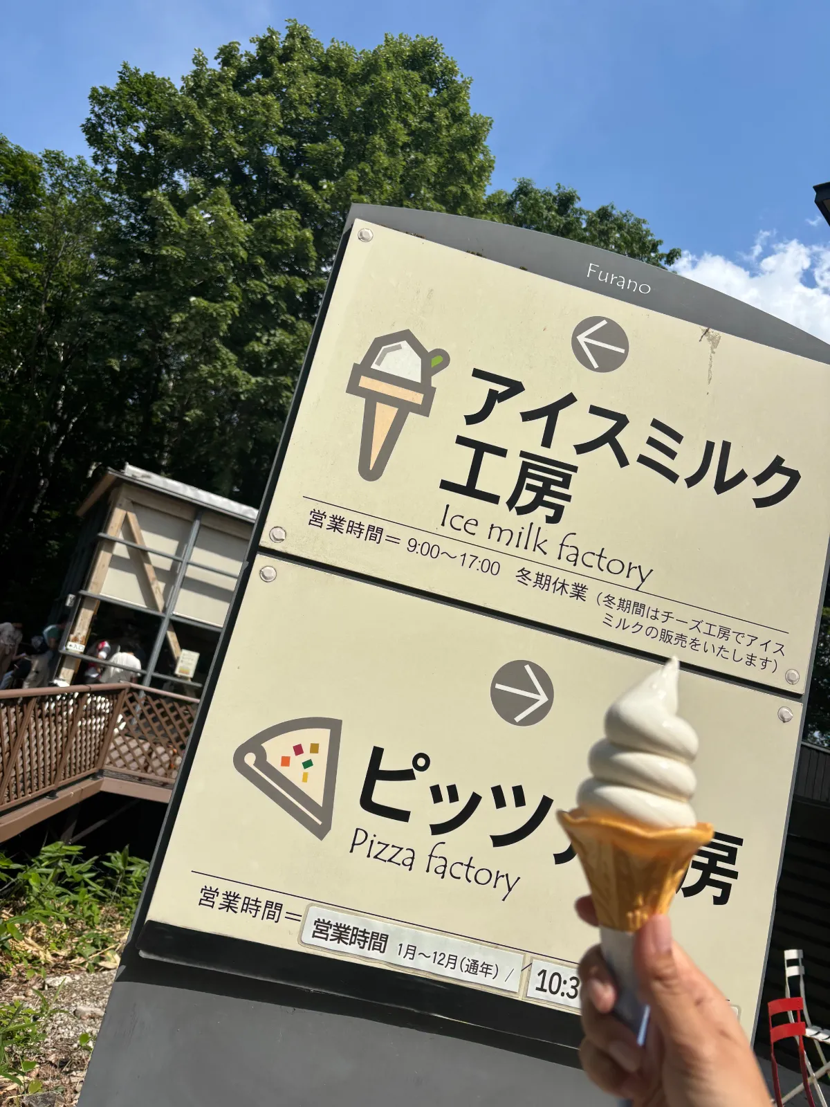 富良野のチーズ工房、こちらではいろんなチーズが売られていて試食もさせてもらえます。施設内に複数建物があり、今回の訪問ではレストランを利用。ランチにチーズソフトクリームと富良野チーズスペシャルピザを注文。かなり混んでて1時間待ちでした。注文して待ってる間は館内見て回れるのでお食事も予定しているなら先に混雑具合は確認した方がいいかもしれません。