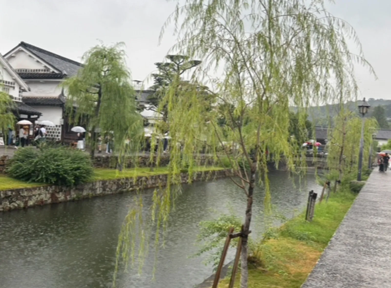 何度も訪れたことがありますが雨の日は初めてでした。日曜日で雨の日でしたがたくさんの人が来られていました。駐車場も満車のところばかりでした。平日の方がゆっくりと風情のある街並み散策を楽しむ事ができると思います。トイレはこの美観地区の案内所の所にあります。岡山名物のきびもちやきびそばなど食べれるお店もあります。