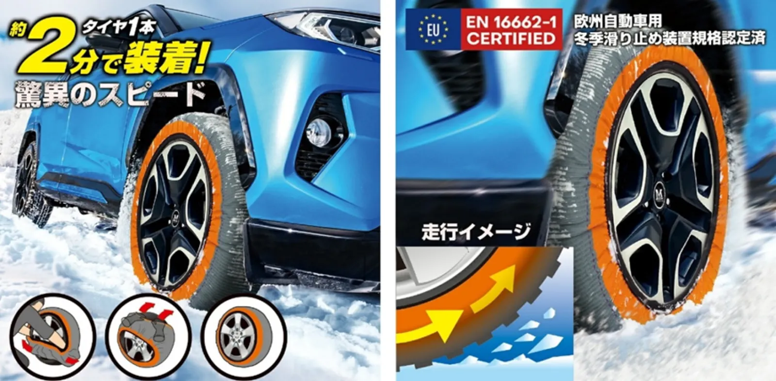 雪山・凍結路面での走破性を実証！簡単装着の布製タイヤチェーン