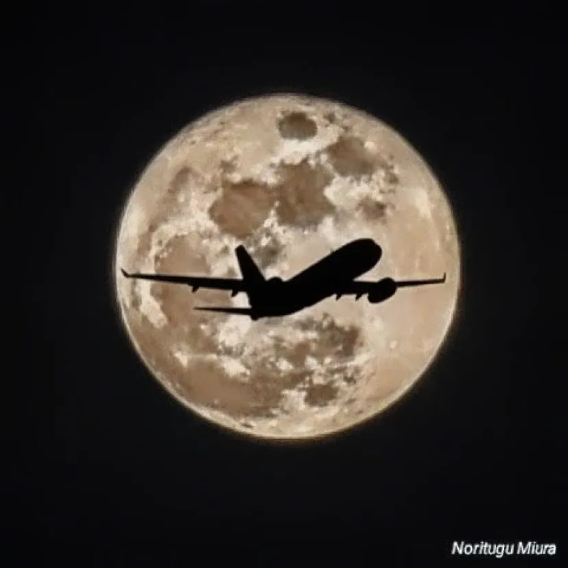 満月に向かって飛ぶ飛行機