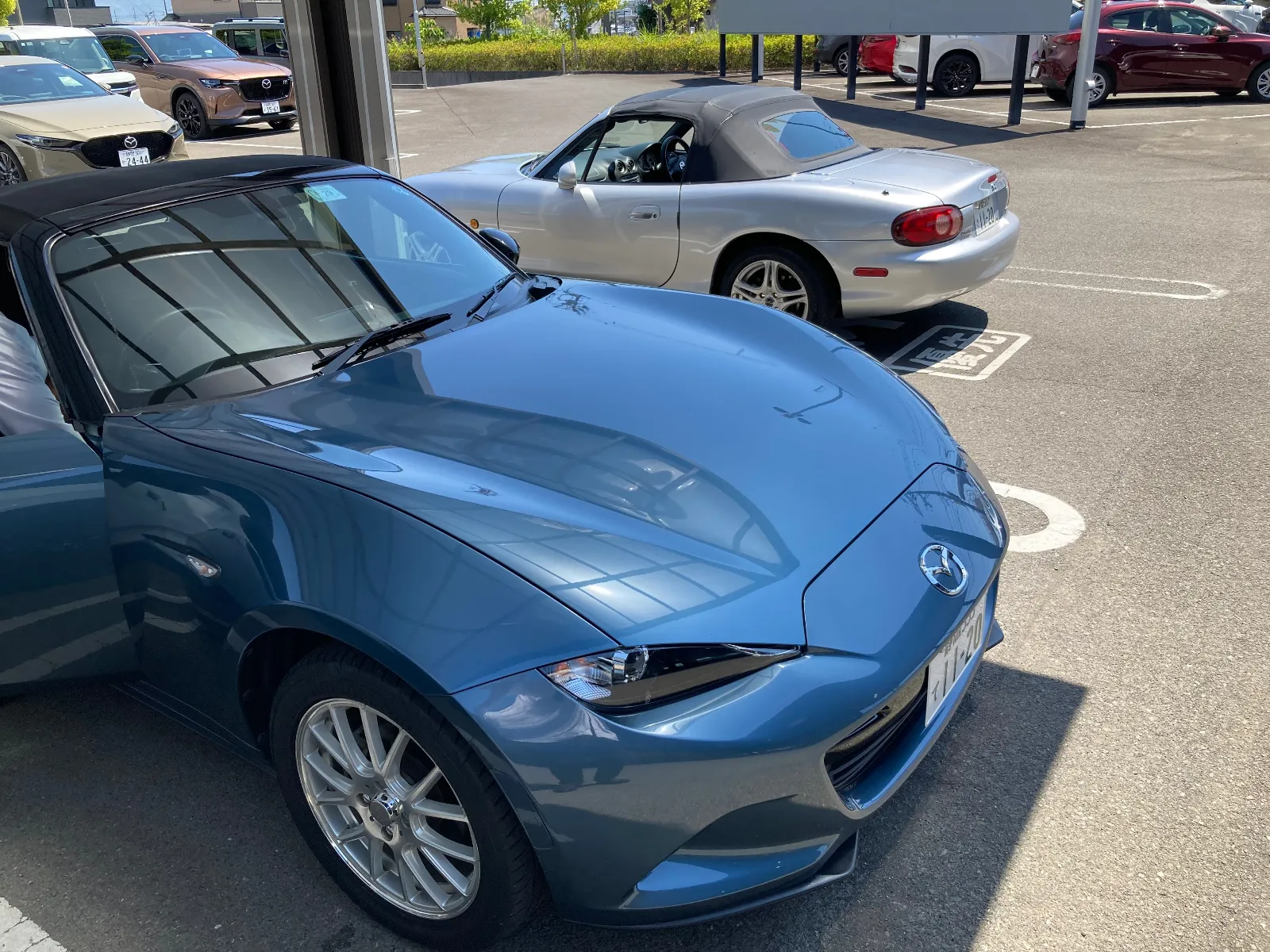 NDが車検完了して、代わりにNBが車検に入ります。車検交代のひとカット。

前回にNBのドアベルトラインモールを交換しました。
新品のモールのおかげで見栄えが格段に改善し、洗いがいがさらに増して、車検前に気合いを入れて洗車してから車検入庫させました。

NDが車検パスして帰還したので、今度はNDのドアベルトラインモールも交換します。
こちらは凹凸模様の劣化があり、研磨しながらケミカル品の復活剤を駆使してメンテナンスして来ました。NBのドアベルトラインモール交換を機に、NDの分もネット手配して到着しているので取り替えします。