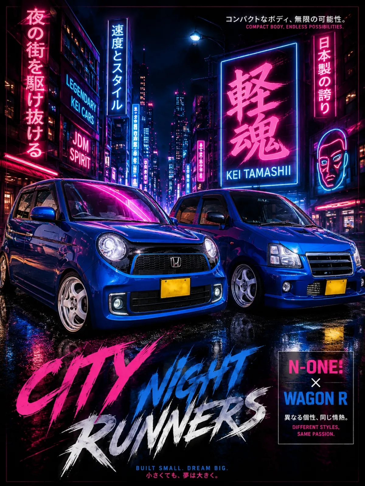 上の画像をAIで「この画像を夜の街に変更して、ネオン照明でポスター風にしてください」で作って見ると、こんな感じに

派手だね！