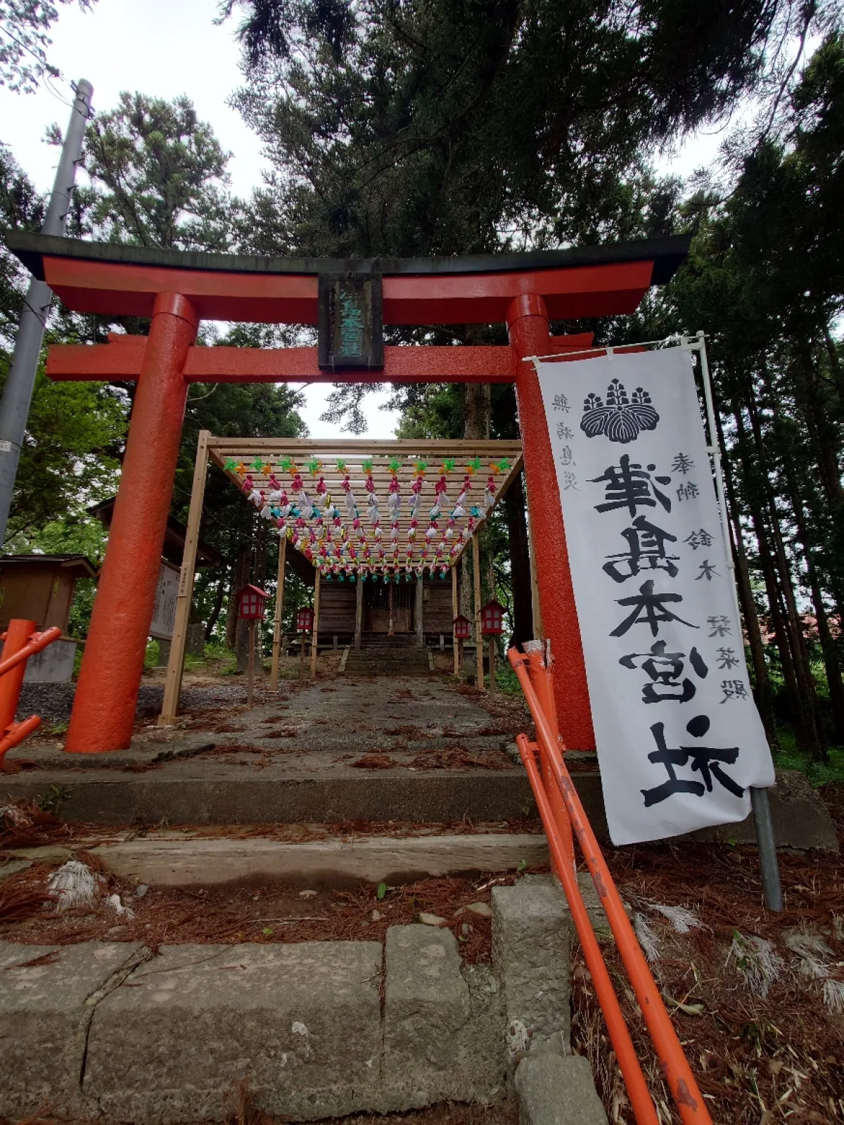階段を登ったらたくさんのてるてる坊主が有りました。