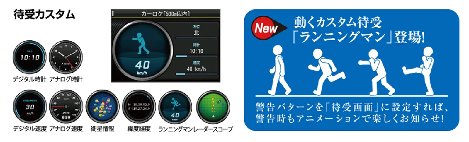 お好みのメーターにカスタマイズできます。新たに動くカスタム待受として「ランニングマン」も登場し警告時も楽しくお知らせ！
OBDⅡに接続（オプションのOBDⅡアダプター RO-117が必要です）すればエンジン回転数、エンジン水温、ブースト計も表示できます。テキストは各種カテゴリから選択できます。