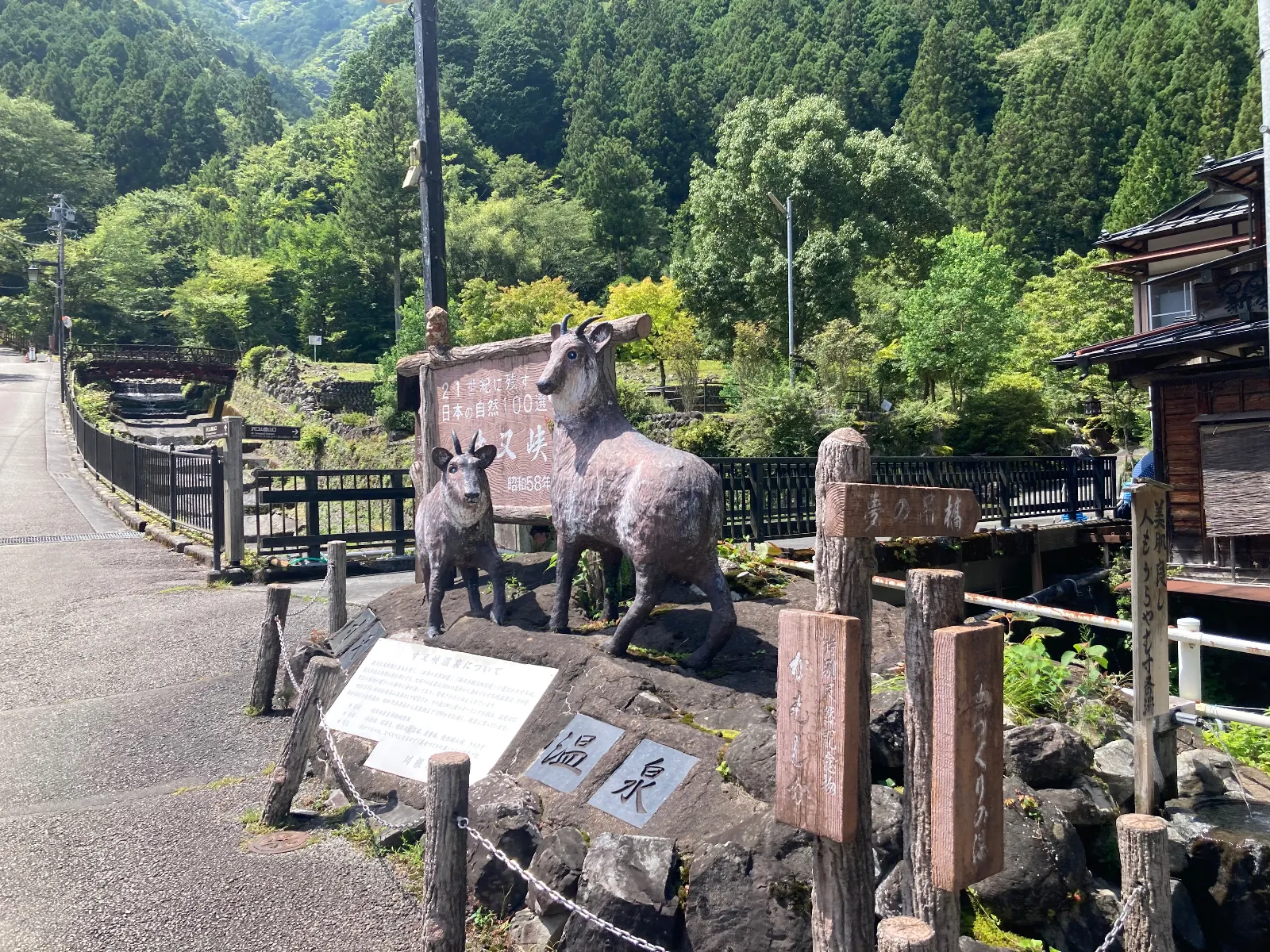 つり橋への通路入り口近くにある地名表示のシンボル看板。日本カモシカ。
熊の注意看板は見かけませんが、注意は必要でしょう。