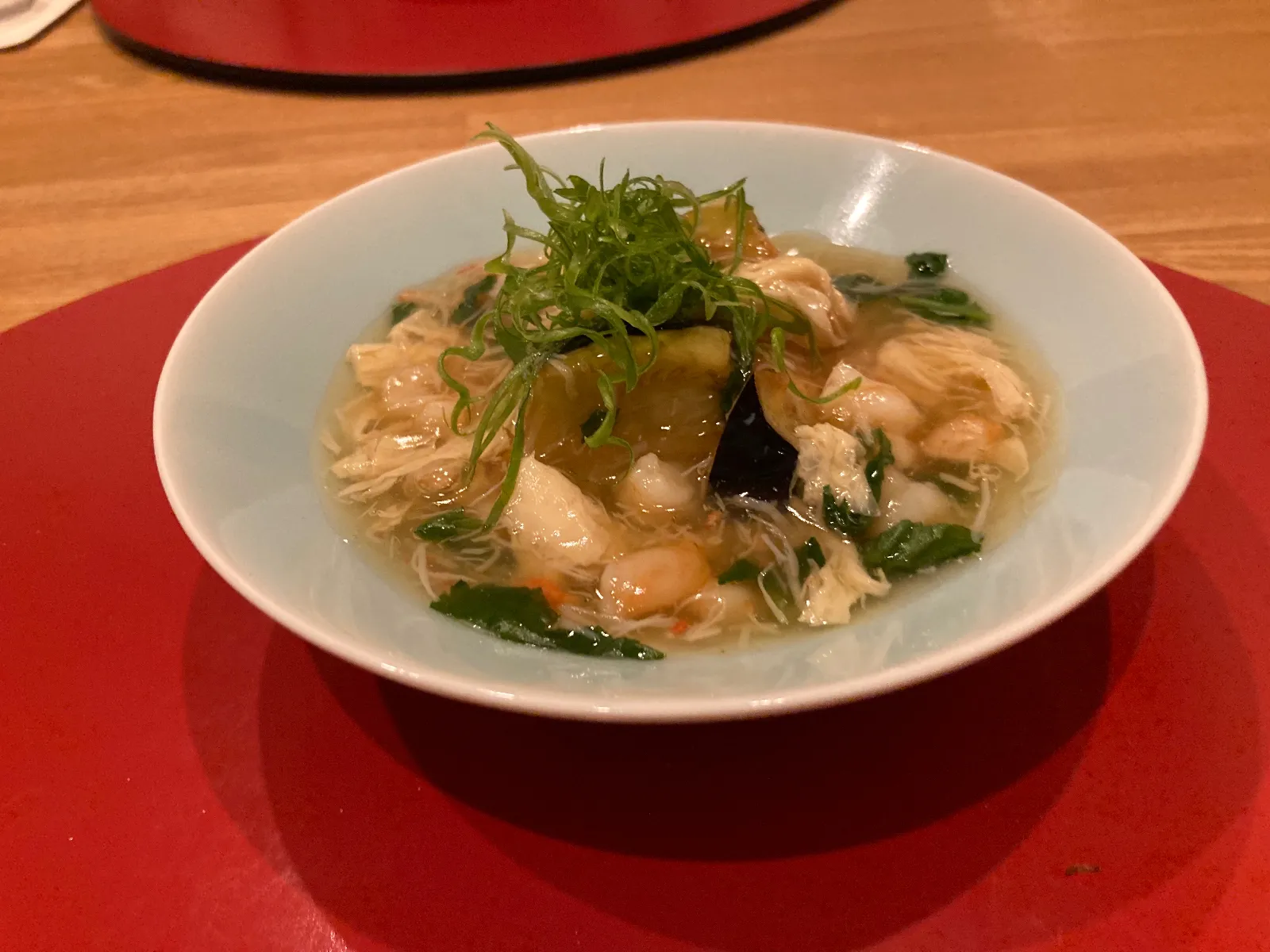 京ナスのあんかけ、小エビ、カニ入り。