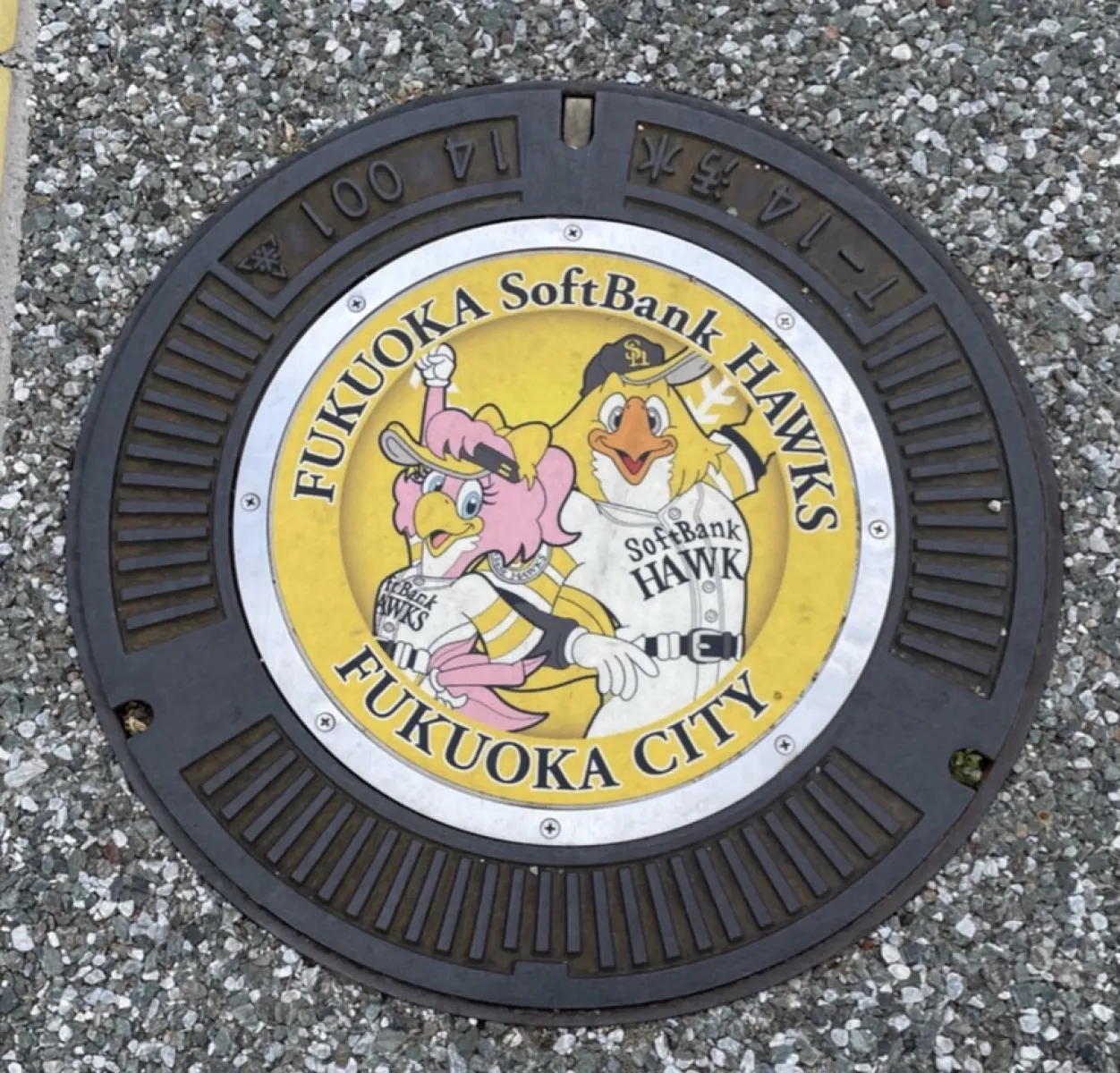 ホークス優勝しましたねー
福岡市で見つけたソフトバンクホークスのマンホール
ハリーホークとハニーホークのツーショット