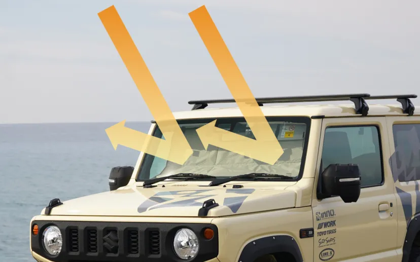 カーメイト、ジムニーのサンバイザーに装着したまま展開できる「折りたたみサンシェード」