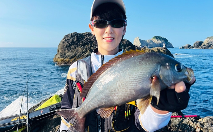 深島での磯フカセ釣りでカツオに良型イサキにオナガグレと多彩釣果に大