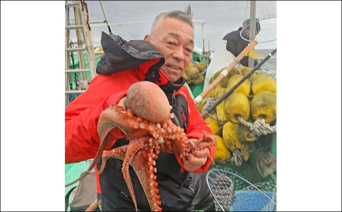 那珂湊沖のエギタコ釣りで2kg超えマダコ手中！【茨城】船中オデコなし