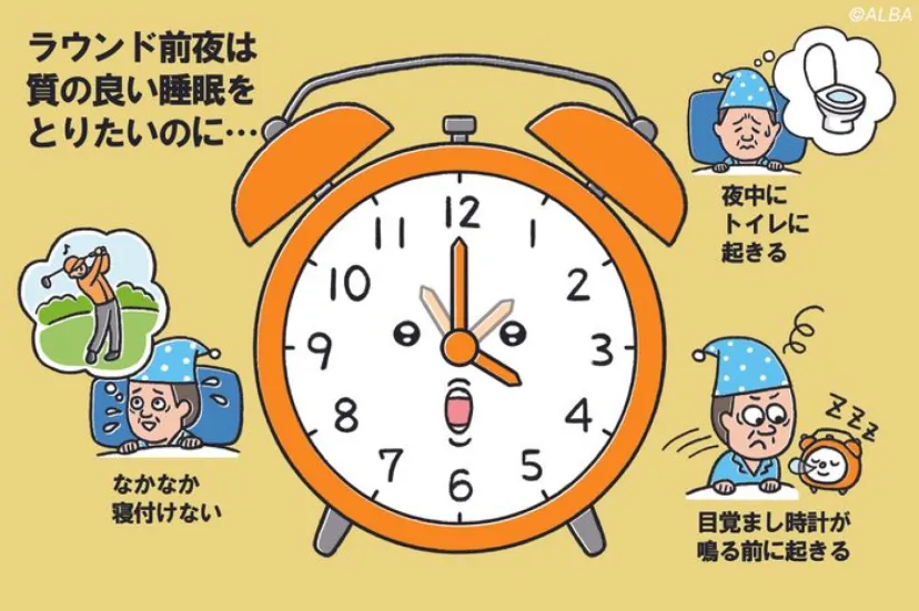 
				なかなか寝付けないラウンド前夜　楽しみで興奮しているから眠れないの？「いや、それは睡眠タイプの老化です」
			